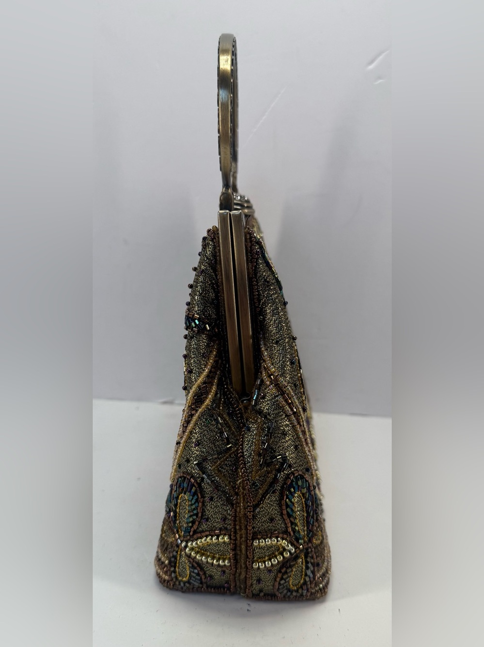 Vintage Fully Beaded Owl Metallic Gold Evening Clutch with Decorative Handle - Picture 4 of 16